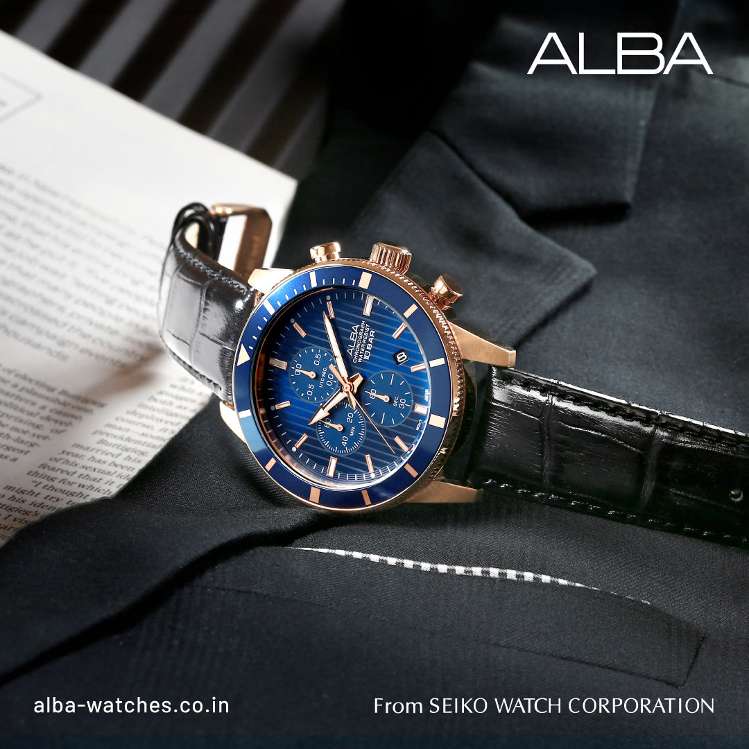 AM3960X1 Blue Patterned Dial Chronograph In Leather Strap – ALBA