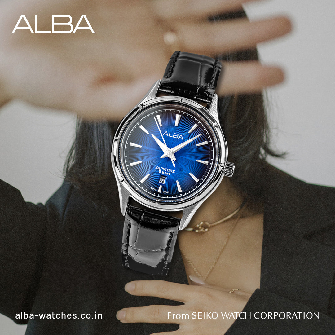 AH7CZ1X1 Deep Blue Patterened Dial Ladies Watch with Black Leather